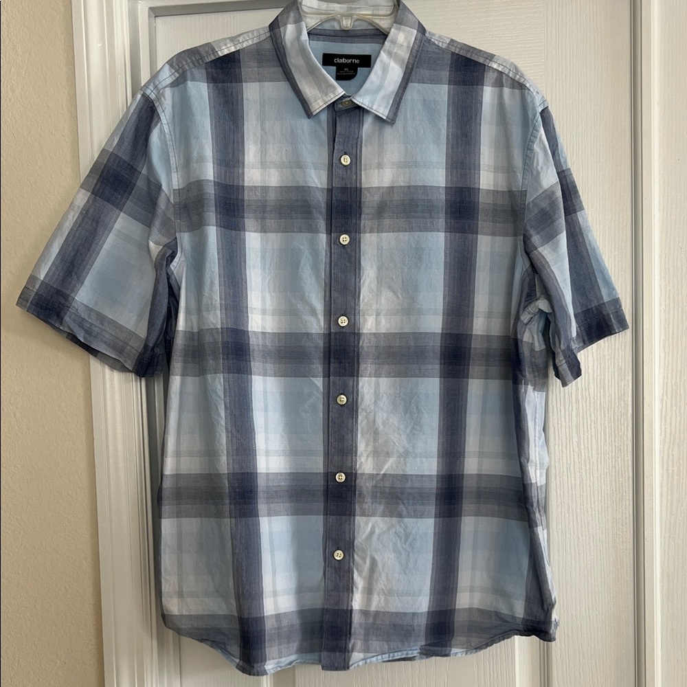 Claiborne Blue and Navy Plaid Short-Sleeve Button-Down Shirt